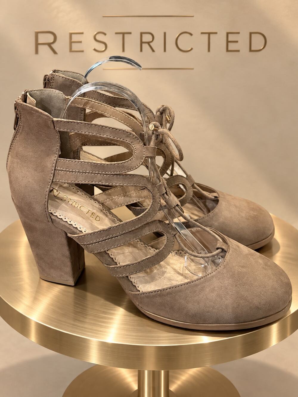 Restricted Taupe Lace-Up Caged Block Heel Pumps Women’s Size 11